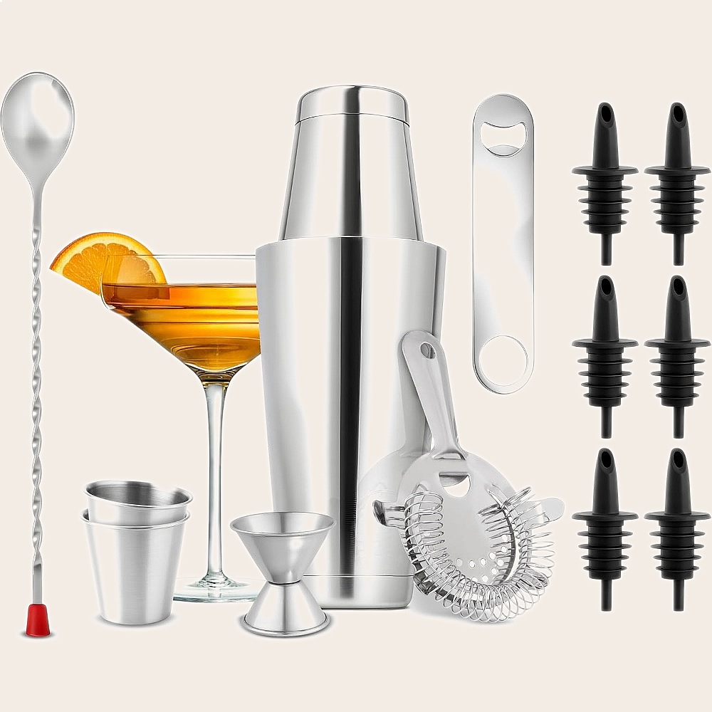 15피스 스테인리스 스틸 칵테일 쉐이커 세트 (바 도구 - Cocktail Recipe Book 리뷰 및 가격