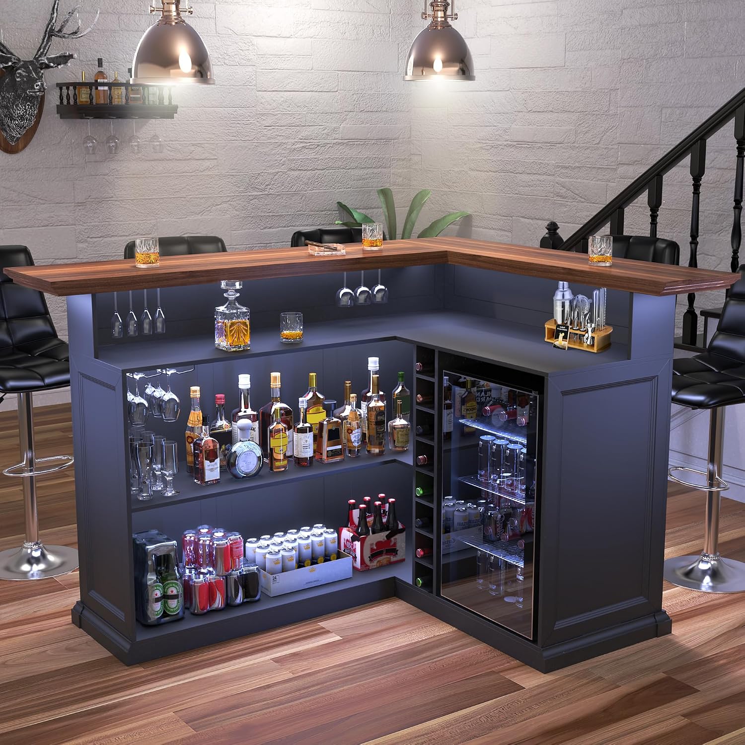 L자형 홈 바 캐비닛 (냉장고 공간 포함), 대형 지하 - Home Bar And Fridge 리뷰 및 가격